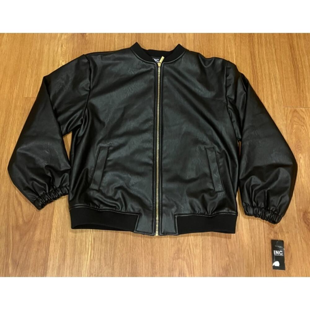 I.N.C. Women's Faux-Leather Bomber Jacket Deep Black Size L